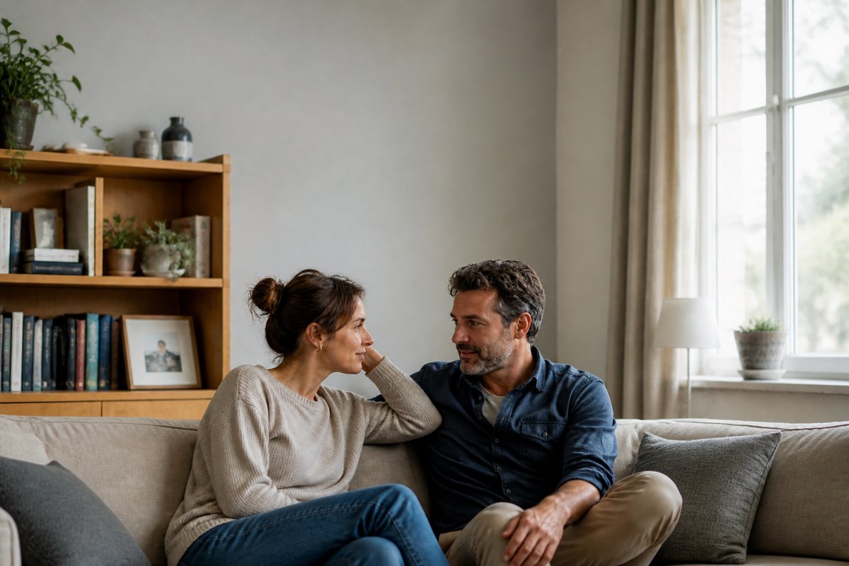 Femme et homme assis sur un canapé, se regardant pendant une conversation